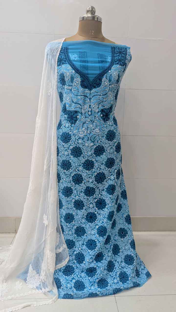 Faux Georgette Chikankari Hand Embroidered Unstitched Kurta Fabric – 3 Meter