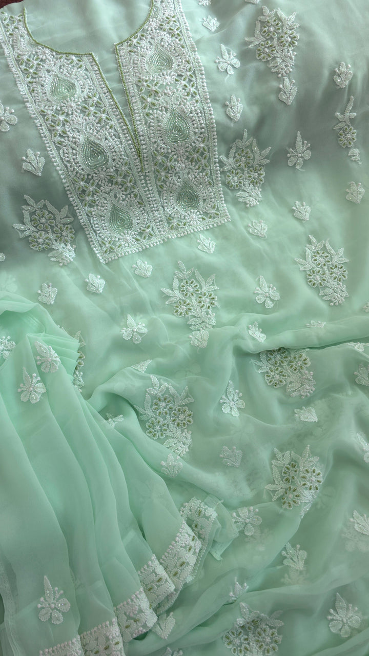 Alina Heavy Embellished Georgette Chikankari Unstitched Dress Material | Cutdana Handwork