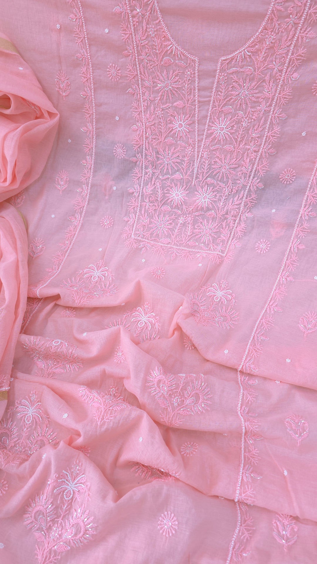 Premium Mul Chanderi Supersoft Dyeable Chikankari Dress Material | Hand Embroidered with Pearls & Cutdaana | Kurta & Dupatta Set
