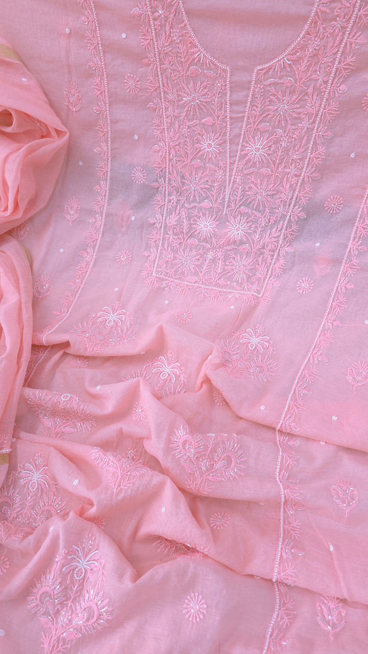 Premium Mul Chanderi Supersoft Dyeable Chikankari Dress Material | Hand Embroidered with Pearls & Cutdaana | Kurta & Dupatta Set