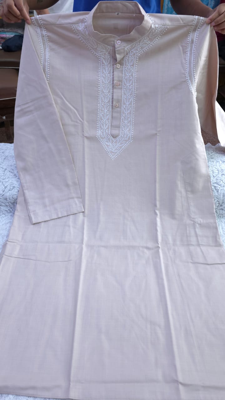Polo Cotton hand embroidered Men's chikankari kurta-mud brown