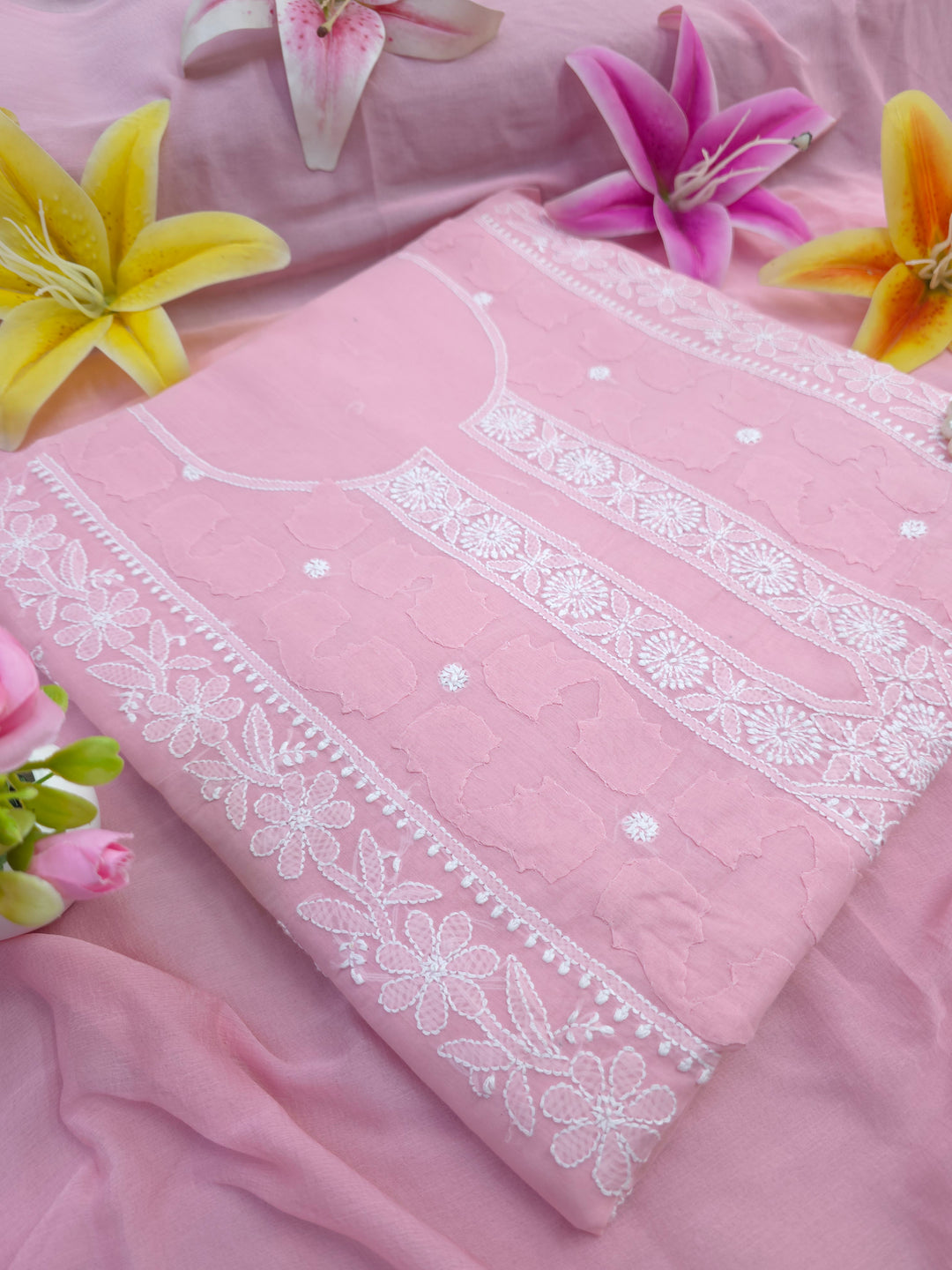 Darz Lucknowi Chikankari  Dress Material – Handmade Cotton Suit with Chiffon Dupatta