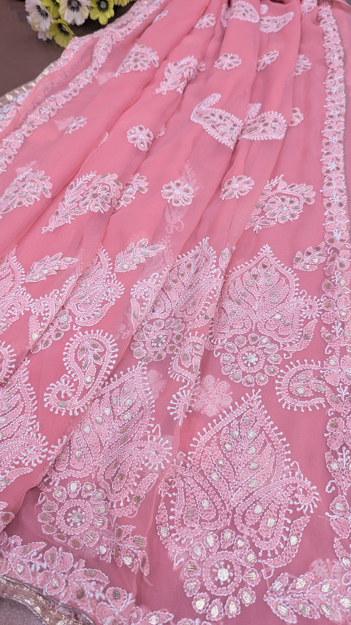 Embellished with Gota Patti | Hand Chikankari Faux Georgette Saree | Lucknowi Embroidery | Designer Festive Wear by Paridhan Chikan