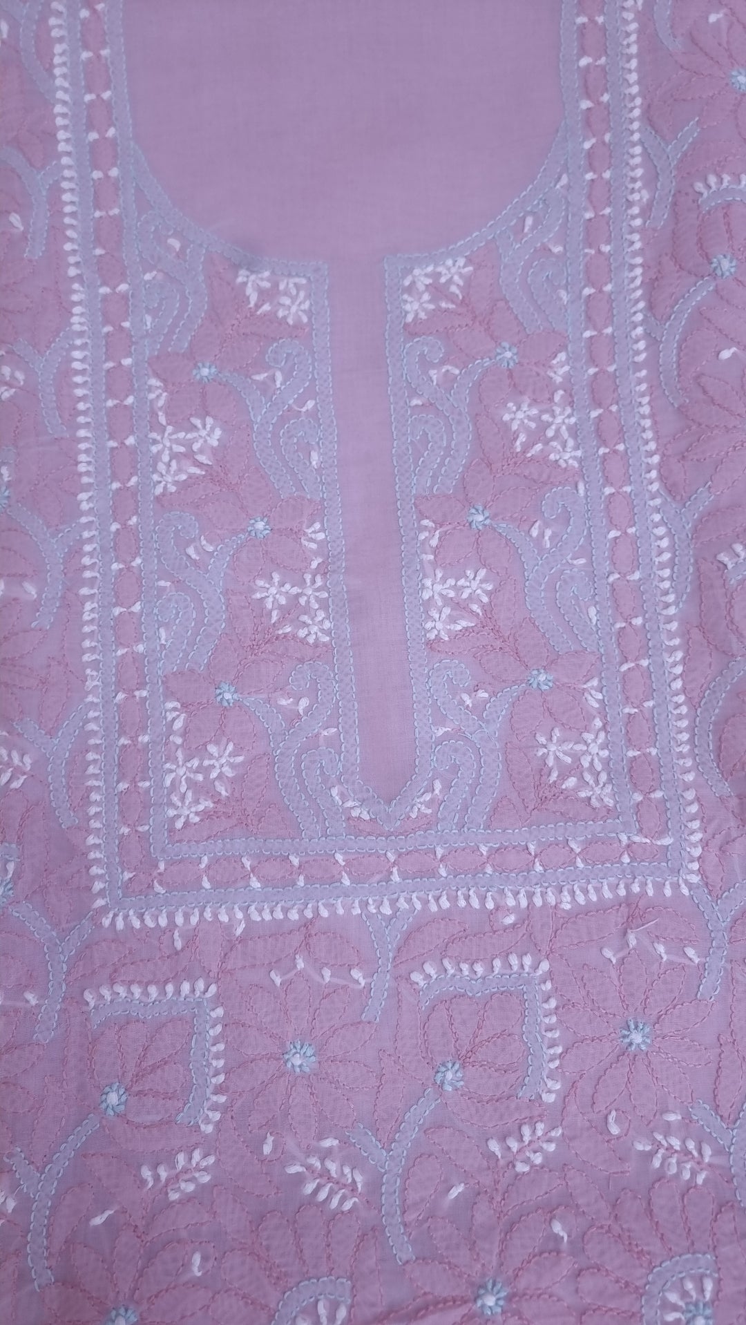 Lucknow Chikankari Hand Embroidered Cotton Dress Material with Tri-Color Motifs & Pure Chiffon Dupatta