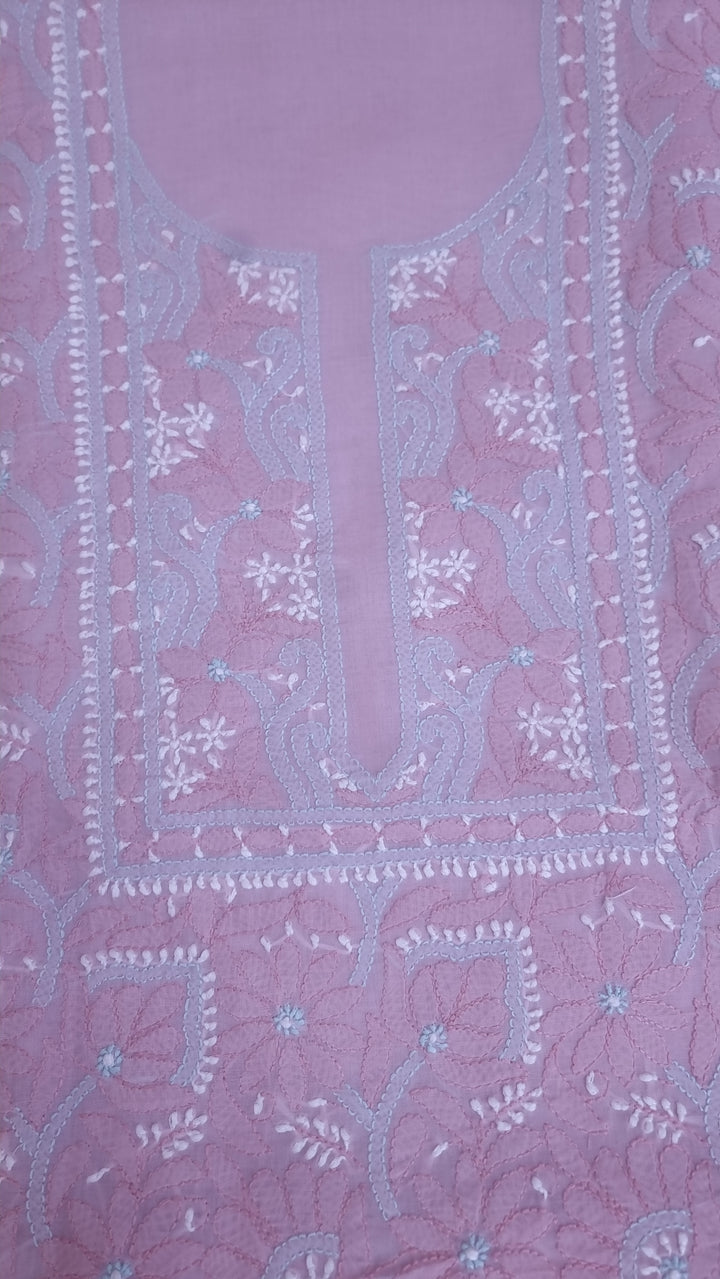 Lucknow Chikankari Hand Embroidered Cotton Dress Material with Tri-Color Motifs & Pure Chiffon Dupatta