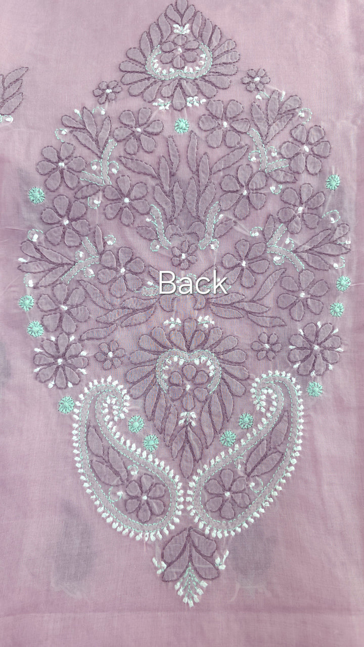 Lucknow Chikankari Hand Embroidered Cotton Dress Material with Tri-Color Motifs & Pure Chiffon Dupatta