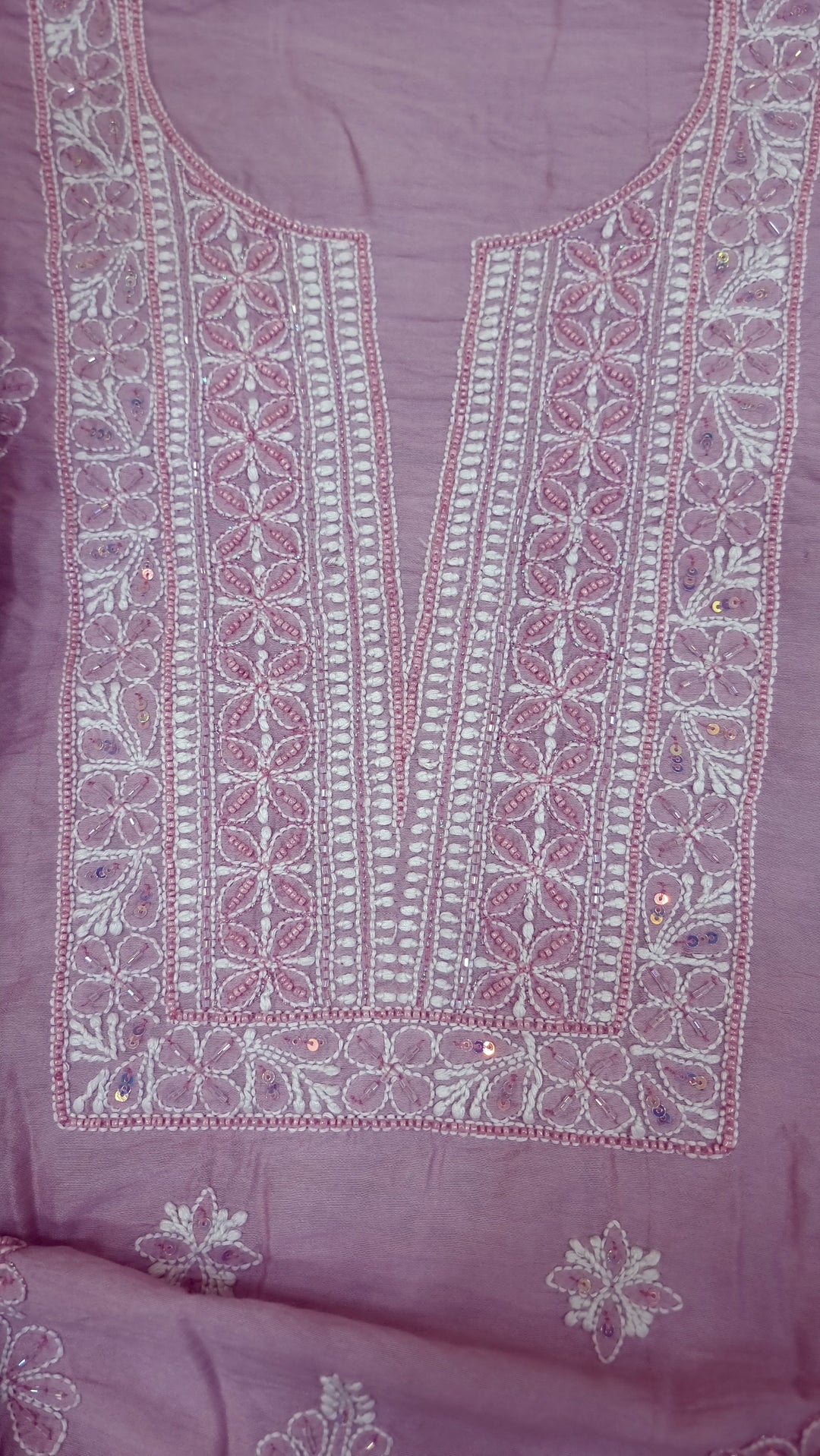 Lucknowi Chikankari Chanderi Fabric – Hand-Embroidered Kurta & Dupatta with Pearl, Resham & Badla Work