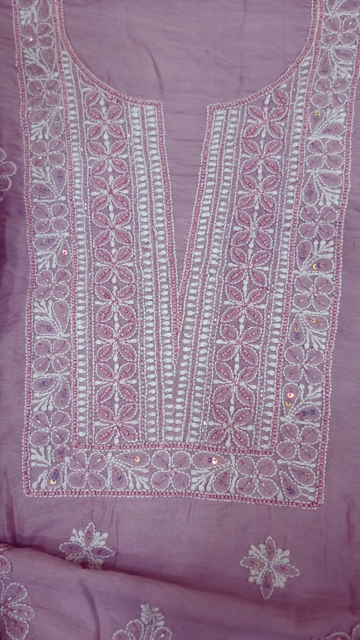 Lucknowi Chikankari Chanderi Fabric – Hand-Embroidered Kurta & Dupatta with Pearl, Resham & Badla Work