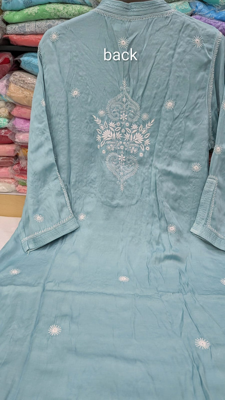 Luxe-Pure Modal satin luxurious kurti pants set with *2 taar chikankari work*