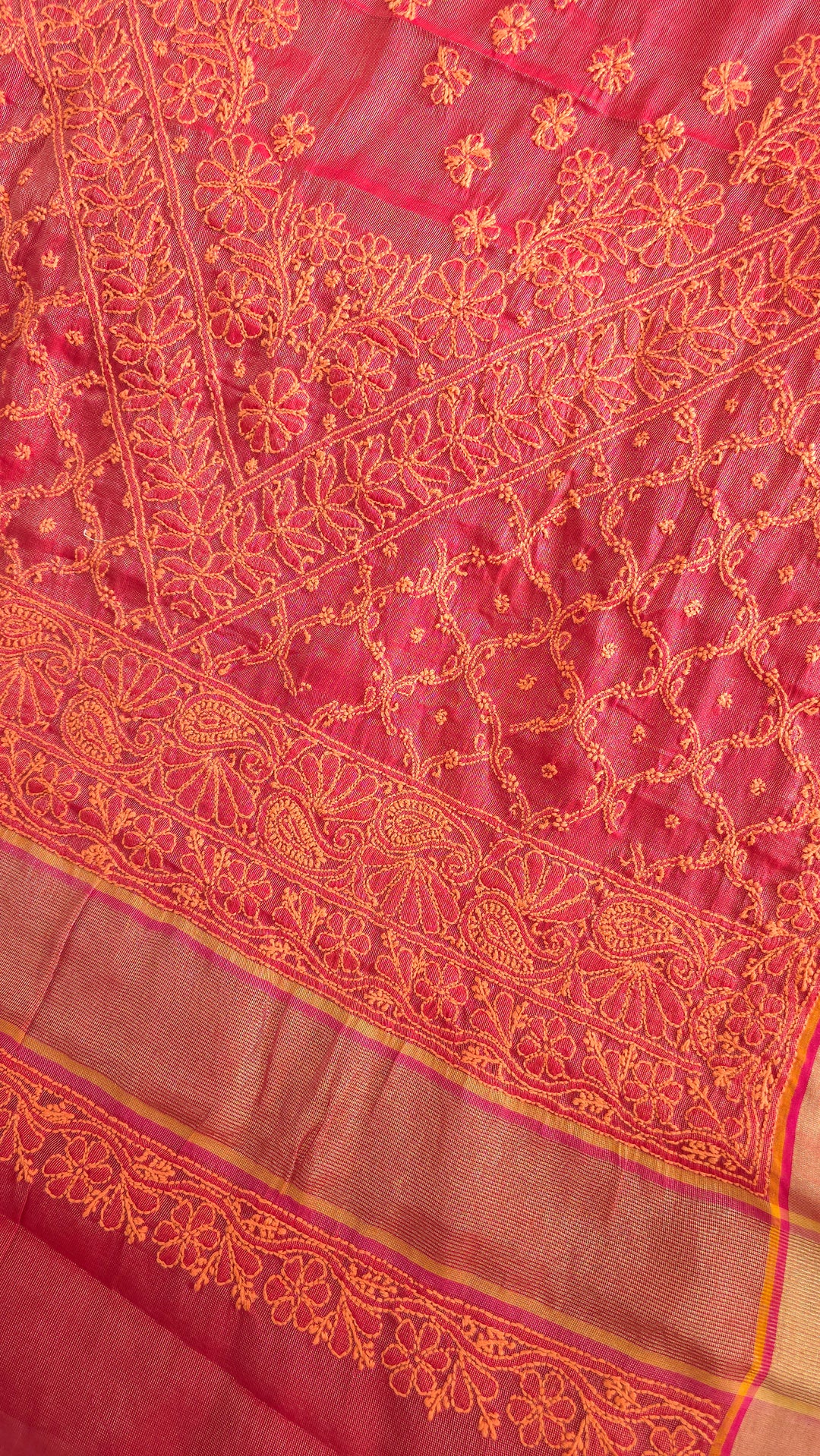 Hand Embroidered Chikankari Banarasi Silk Saree with Intricate Border & Palla Pattern – Includes  Blouse | Paridhan Chikan