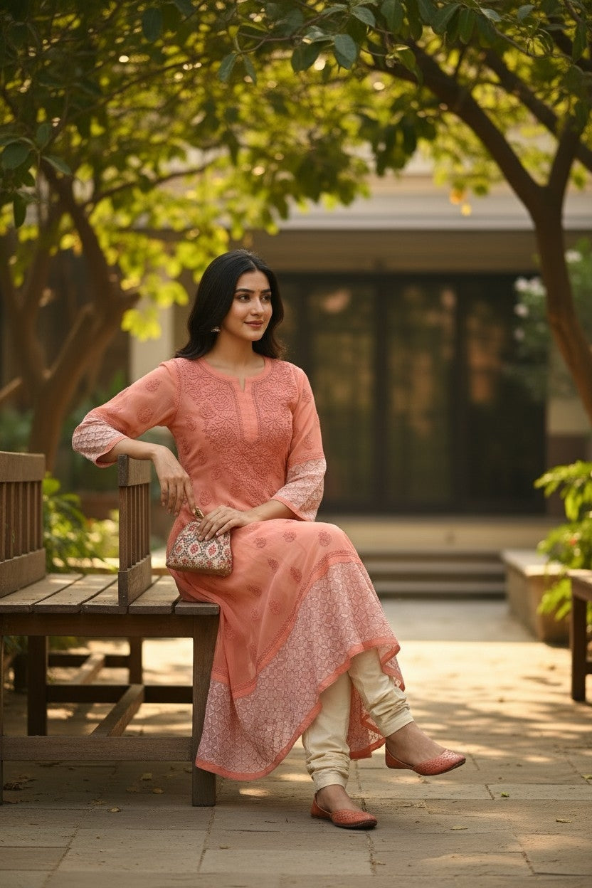 Georgette Lucknowi Chikankari 50" Long A line gown style Kurti | 100% Hand Embroidered| No Shrinkage
