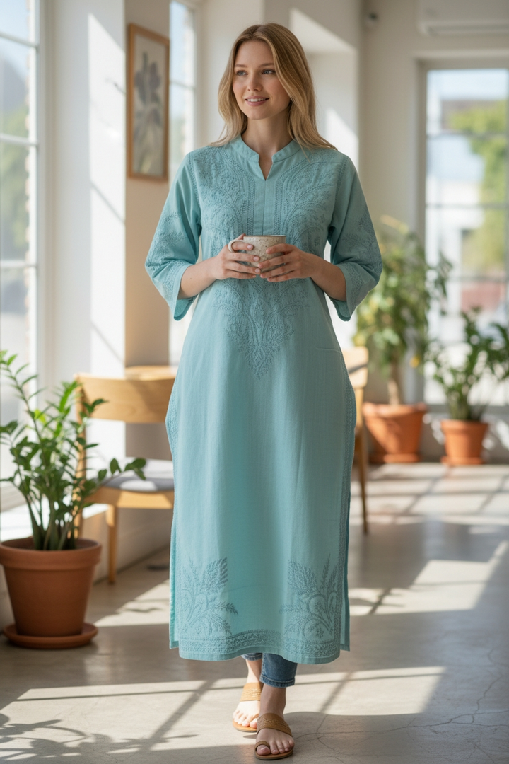 Soft Cotton Chikankari Hand Embroidered Kurti for Women | Premium Soft & Non-Transparent Fabric | 46 Inch Length | Lucknowi Chikan Kurta