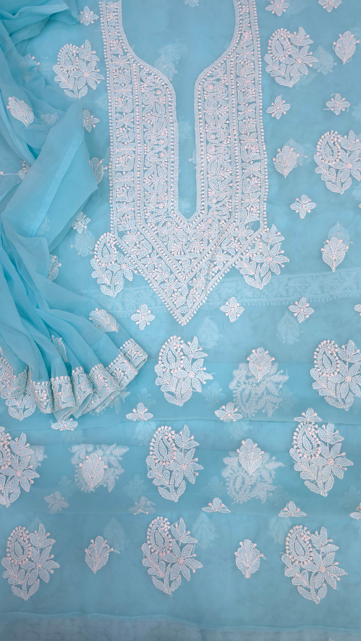 Lucknowi Georgette Chikankari Dress Material – Hand Embroidery Kurta, Bottom & Dupatta | Festive Queen Shades