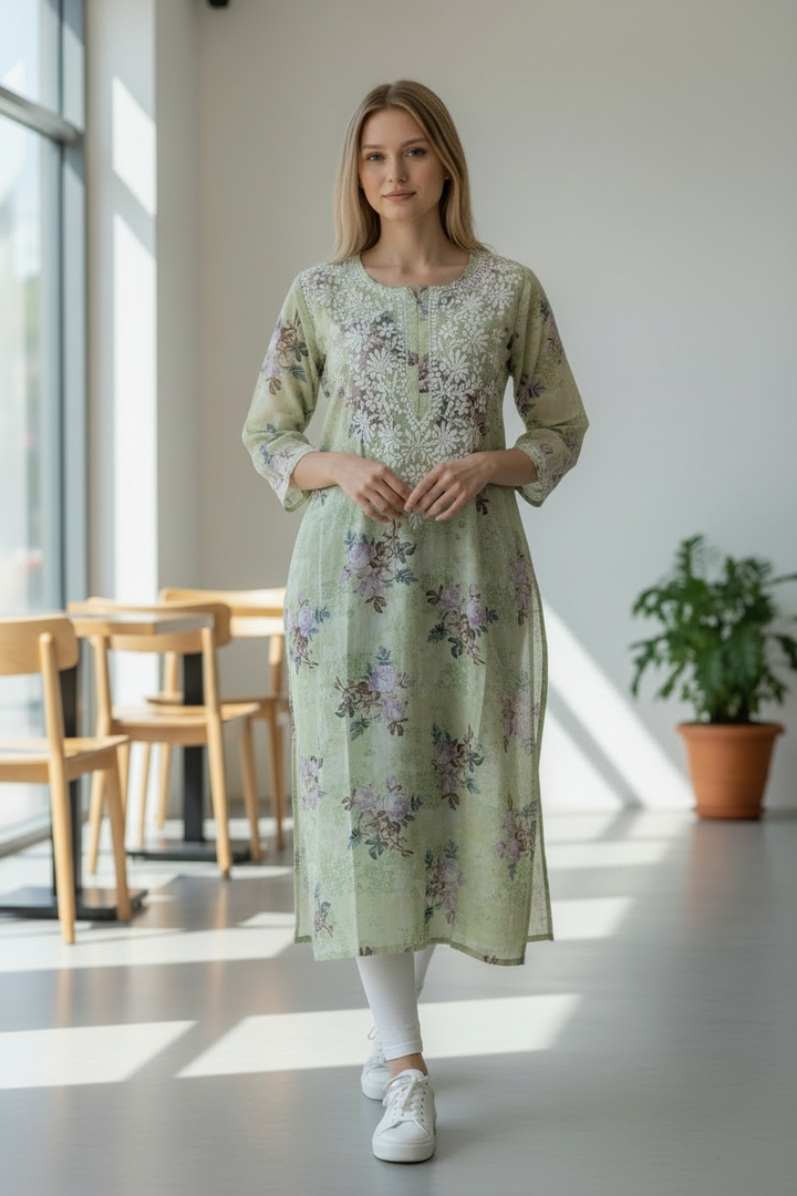 Mul Cotton prints Chikankari Kurti