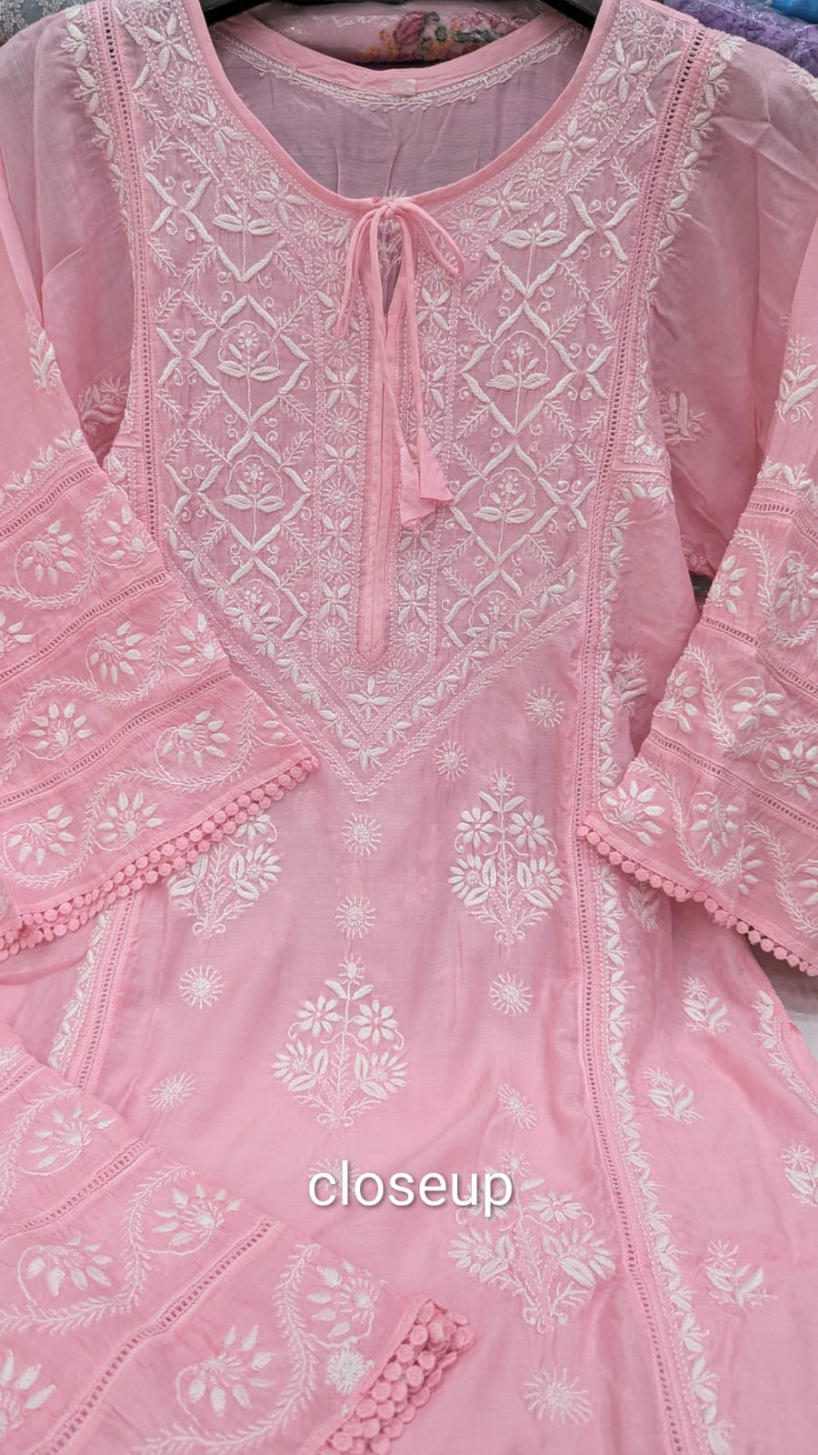 Luxe-Pure muslin luxurious kurti pants set with *2 taar chikankari work*
