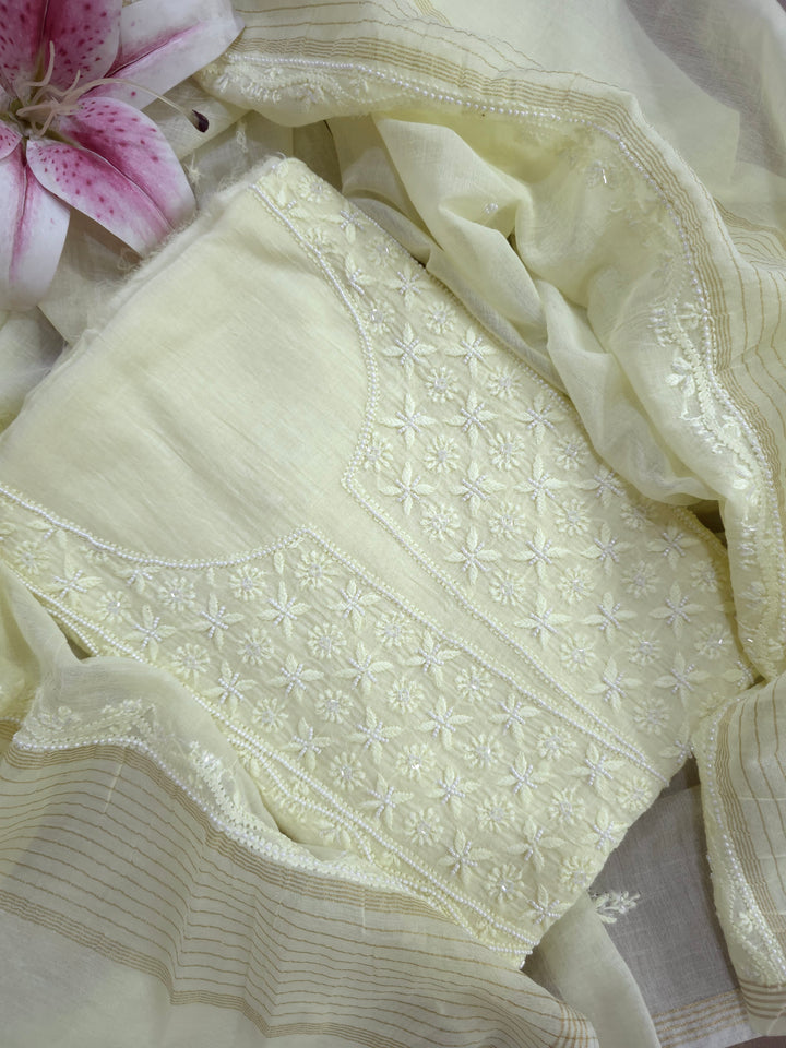 Hiba Premium Mul Chanderi Supersoft Dyeable Chikankari Dress Material | Hand Embroidered with Pearls & Cutdaana | Kurta & Dupatta Set