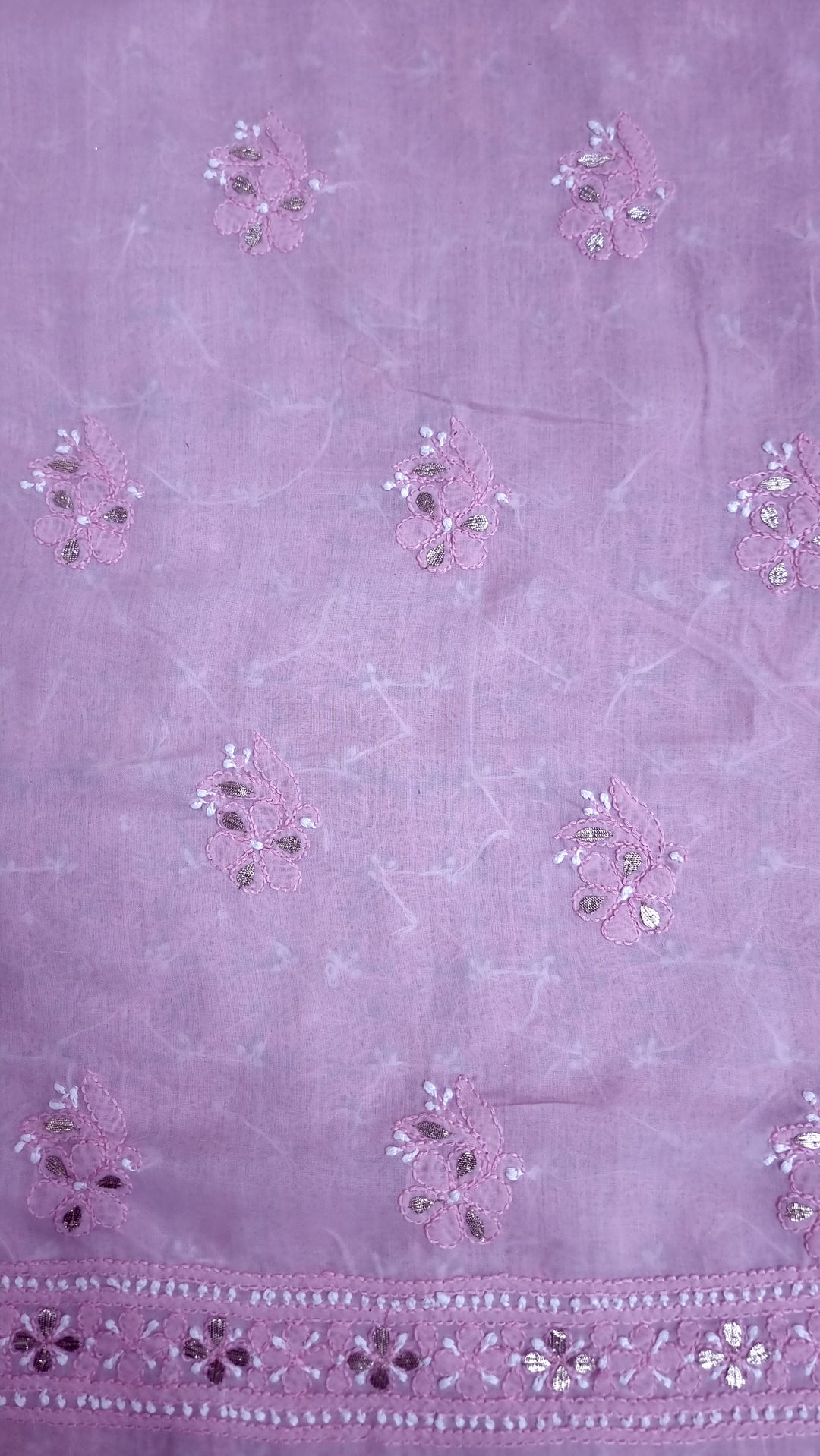 Pink Unstitched Soft Cotton Chikankari Suit Set – Aari, Kasab & Gotta Patti Embellished with Pure Chiffon Dupatta (Copy)