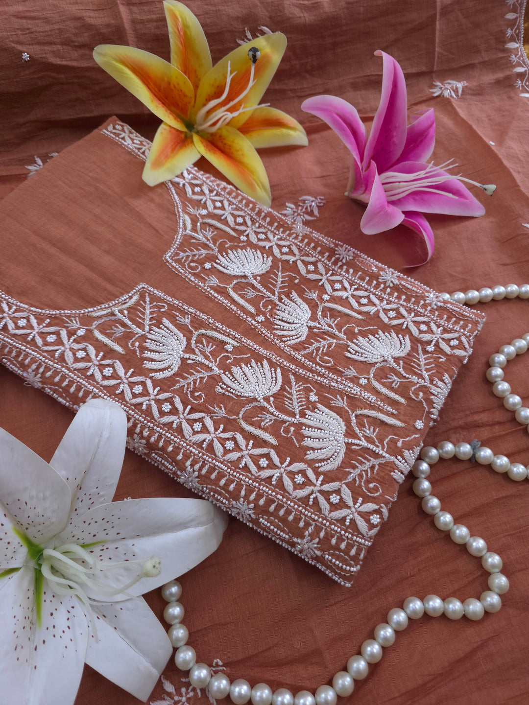 Premium Mul Chanderi Pearl, Cutdana & Kasab Hand Embroidered Unstitched Suit Set