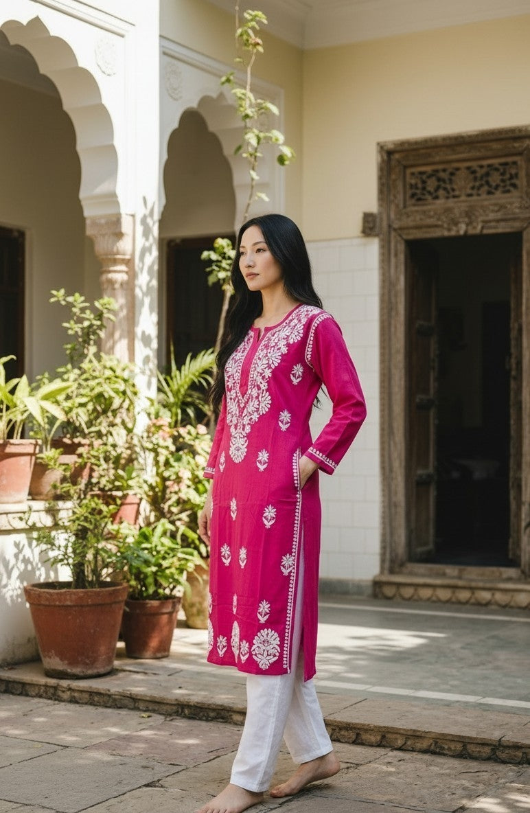 Deepika Rayon Lucknow Chikankari Long Kurti | 100% Authentic Hand Embroidery | Super Soft & Non-Transparent