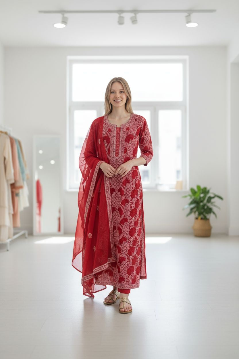 Unstitched Georgette Chikankari Dress Material | Hand Embroidered Kurta, Bottom & Dupatta