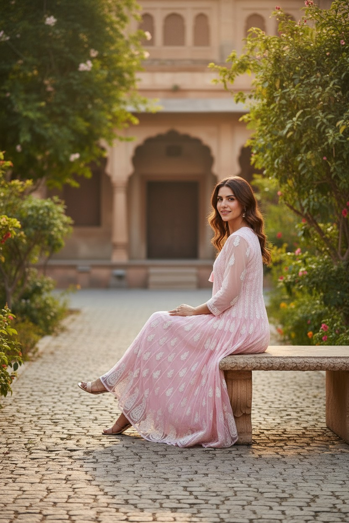Georgette Lucknowi Chikankari 50" Long Anarkali Kurti | 100% Hand Embroidered| No Shrinkage