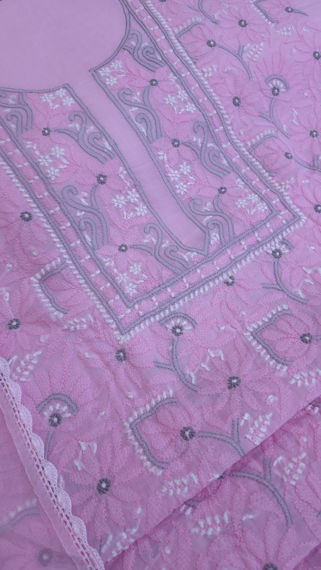 Lucknow Chikankari Hand Embroidered Cotton Dress Material with Tri-Color Motifs & Pure Chiffon Dupatta