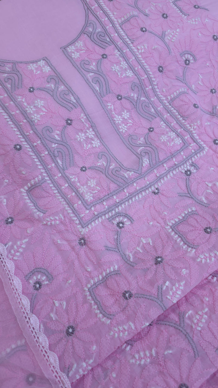 Lucknow Chikankari Hand Embroidered Cotton Dress Material with Tri-Color Motifs & Pure Chiffon Dupatta