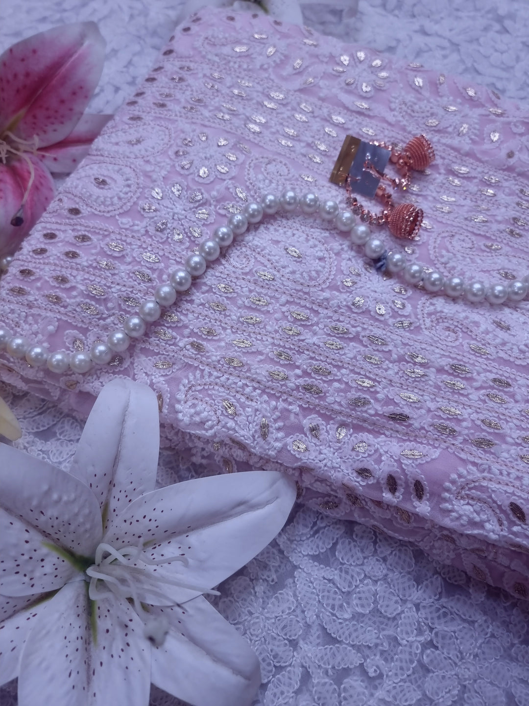 Baby Pink Georgette Chikankari gotta Patti Dress Material