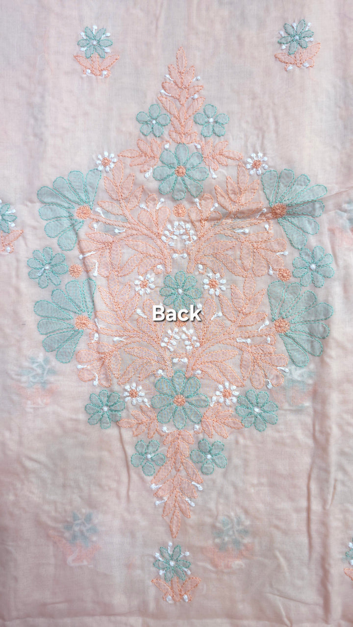 Lucknow Chikankari Hand Embroidered Cotton Dress Material with Tri-Color Motifs & Pure Chiffon Dupatta