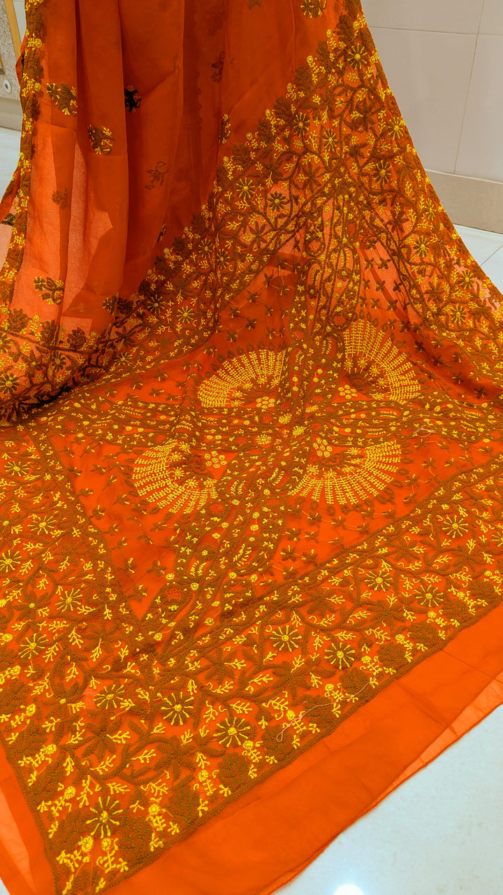 Faux Georgette Hand Chikankari Saree with Exclusive Border & designer Palla Design | Embroidered Blouse Included | Authentic Lucknow Handicraft by Paridhan Chikan