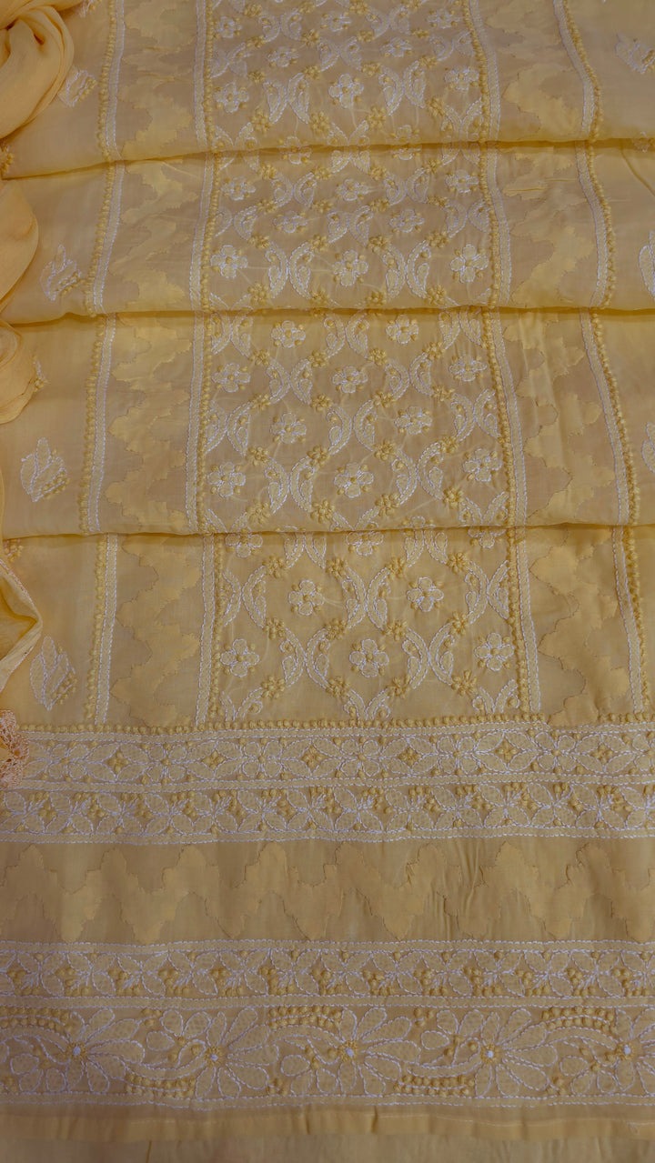 Darz Lucknowi Chikankari  Dress Material – Handmade Cotton Suit with Chiffon Dupatta