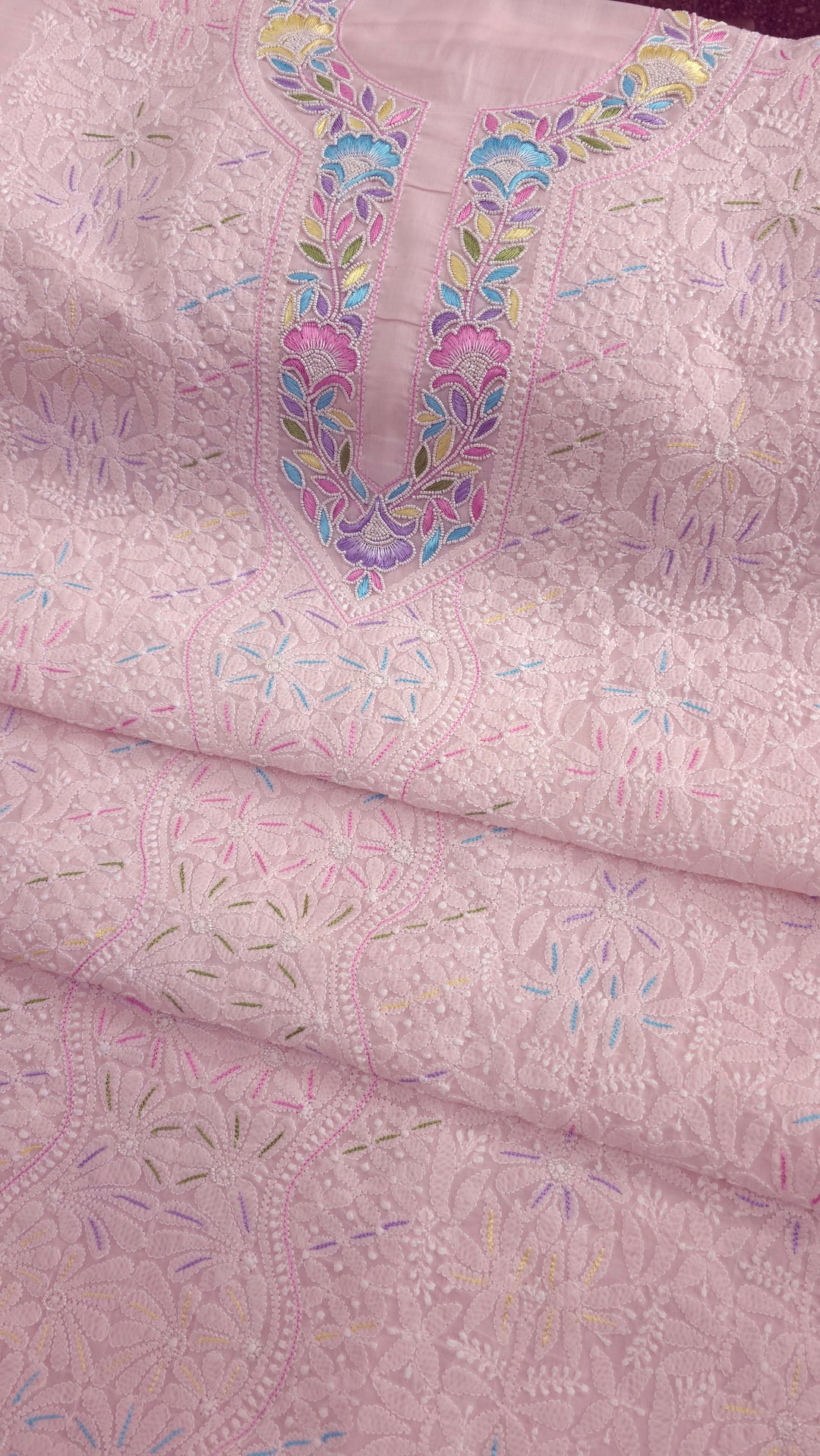 Cotton Resham Neckline chikankari dress material- Baby Pink