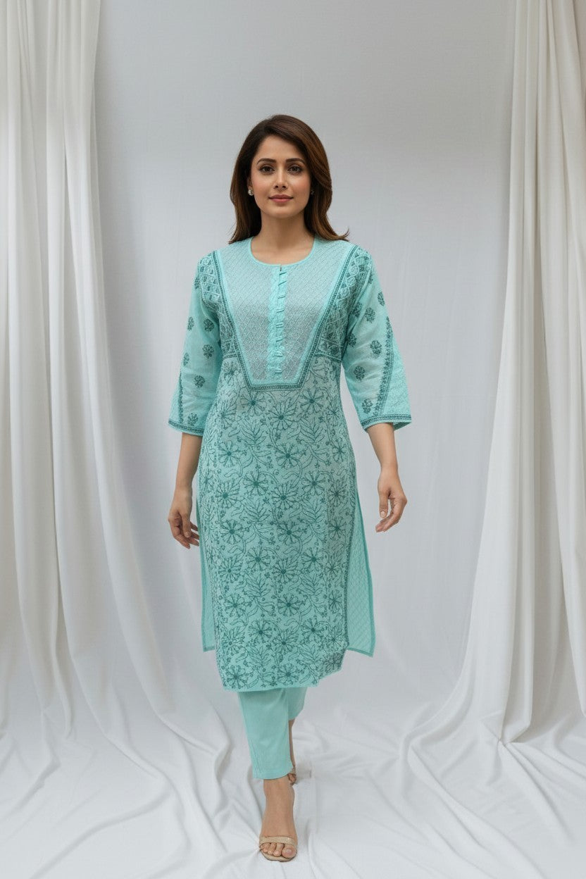 Cotton Chikankari Hand Embroidered Kurti for Women | Premium  | 46 Inch approx Length | Lucknowi Chikan Kurta