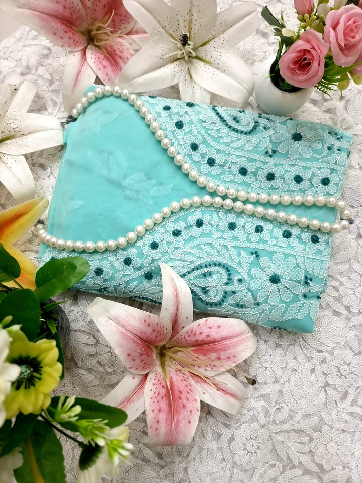 "Paridhan Chikan Sea Green Color Georgette Lucknowi Chikankari Unstitched Suit Set – Hand Embroidered Kurta, Bottom & Dupatta for Women"