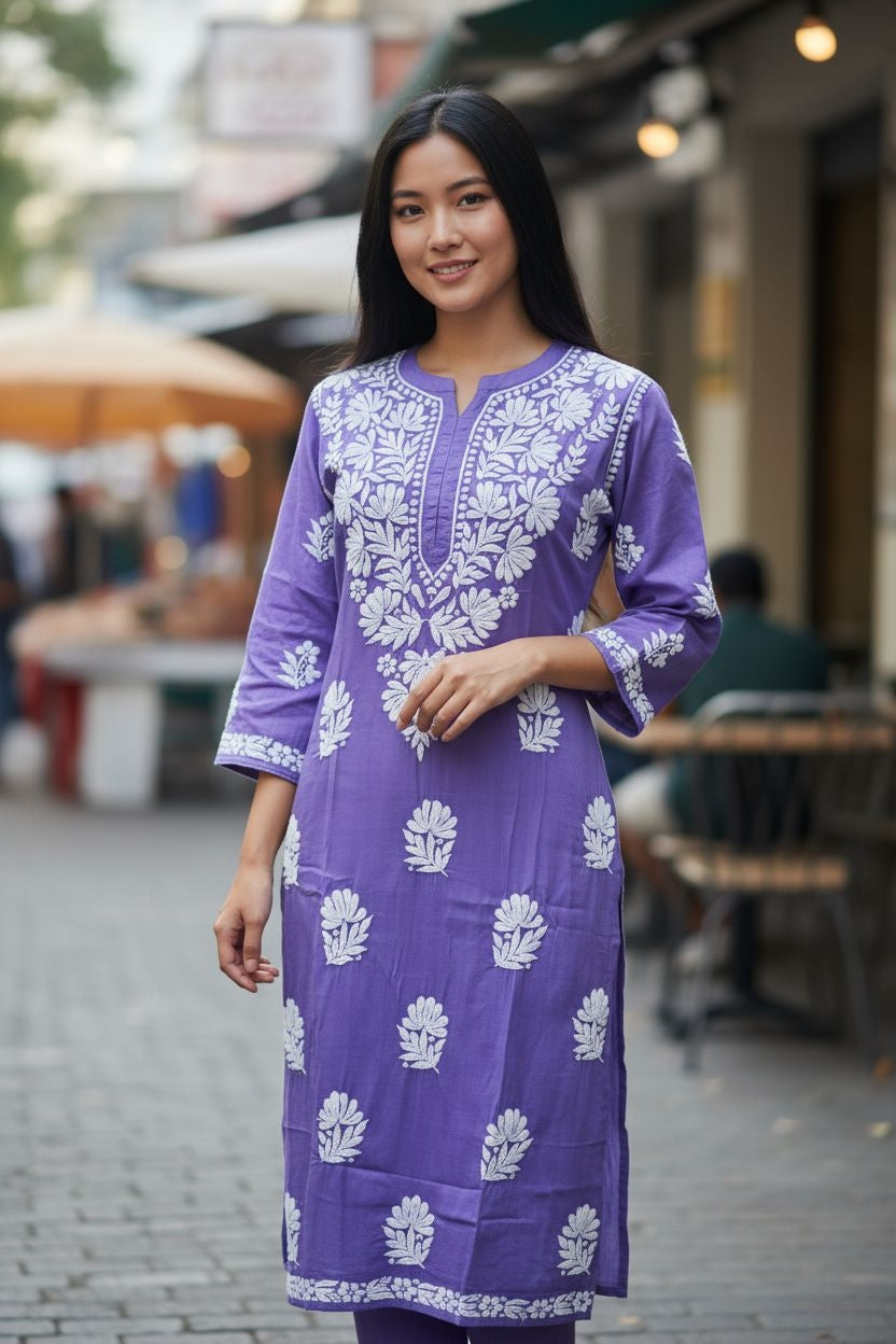 Modal Satin Chikankari Long Kurta | Hand-Embroidered Lucknowi Kurti for Women