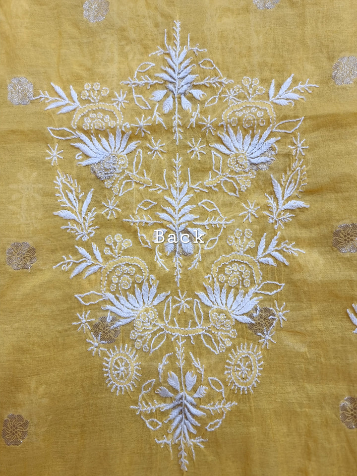 Pure Mul Chanderi Jacquard 2 Taar Hand Embroidered Chikankari Unstitched Kurta (3 M) with Dupatta (2.5 M) – Lucknowi Festive Collection