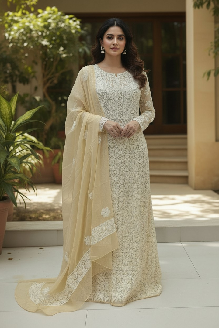 Unstitched Georgette Chikankari Dress Material | Hand Embroidered Kurta, Bottom & Dupatta