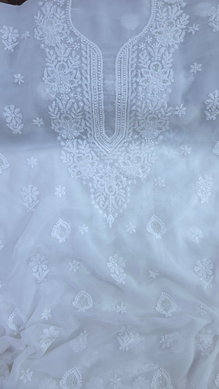 Alina Heavy Embellished Georgette Chikankari Unstitched Dress Material | Cutdana Handwork