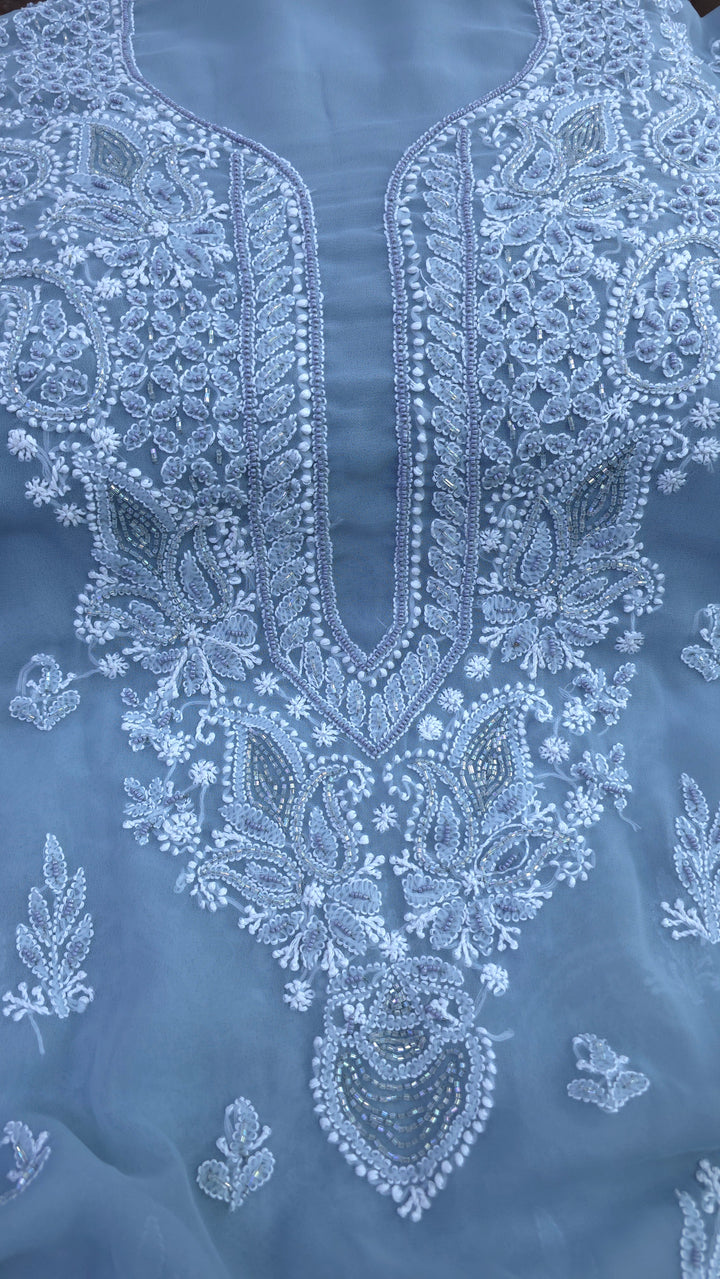 Alina Heavy Embellished Georgette Chikankari Unstitched Dress Material | Cutdana Handwork