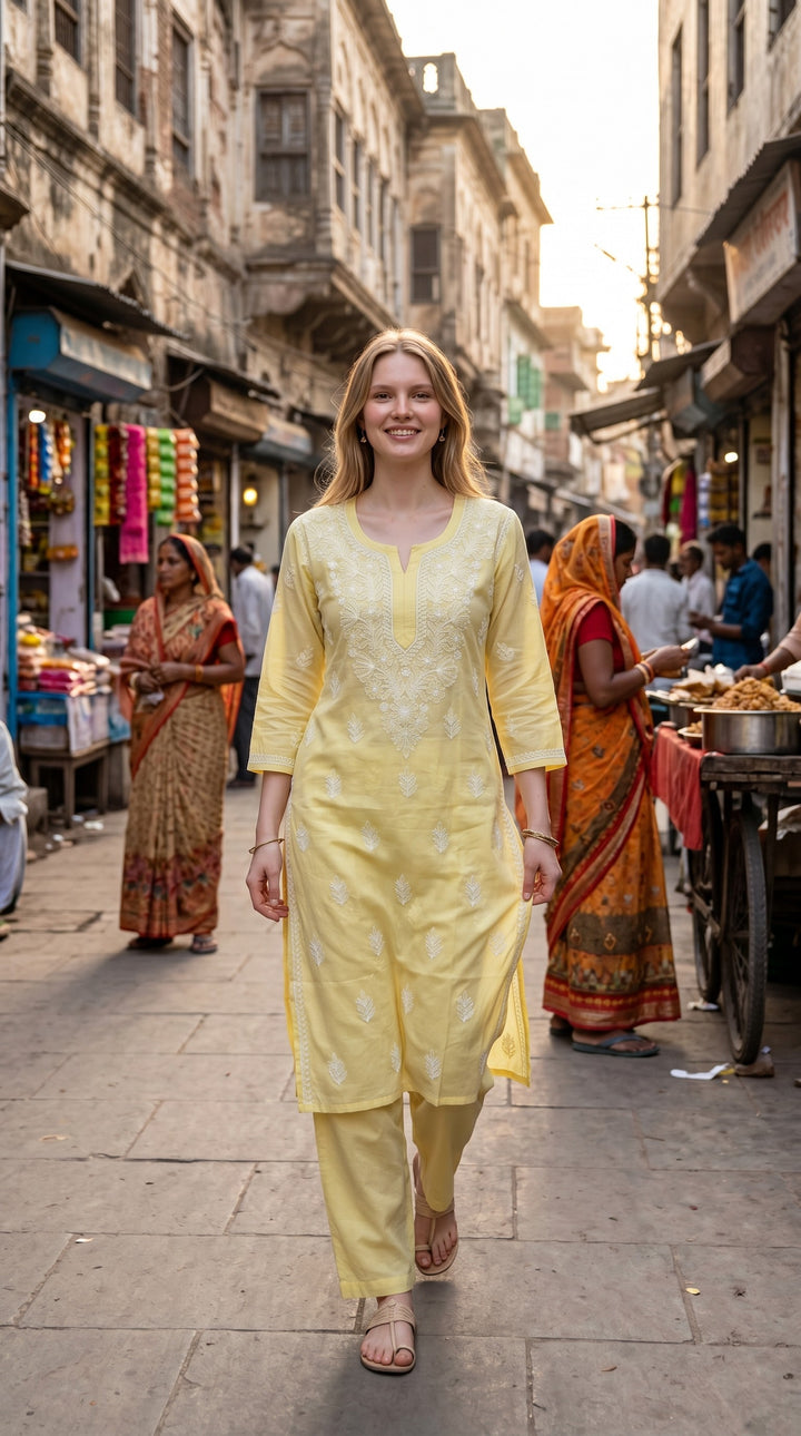 Elegant Cotton Chikankari Kurti for Women | Lightweight Hand Embroidered Office & Daily Wear Kurta