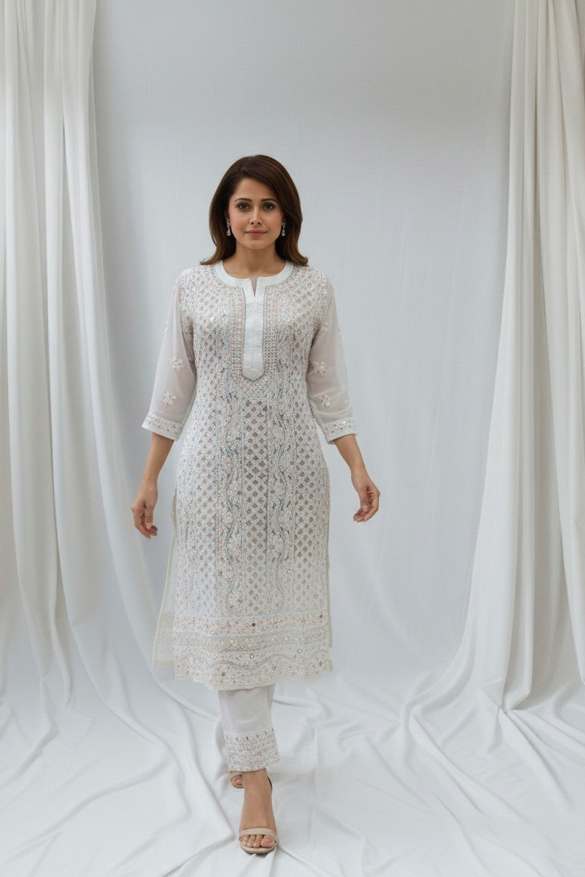 Raha Women’s Georgette Chikankari Kurti –Pearl, mirror n aari work -Designer Hand Embroidered Lucknowi Craft by Paridhan Chikan