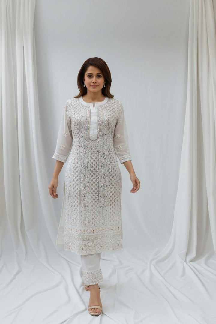 Raha Women’s Georgette Chikankari Kurti –Pearl, mirror n aari work -Designer Hand Embroidered Lucknowi Craft by Paridhan Chikan