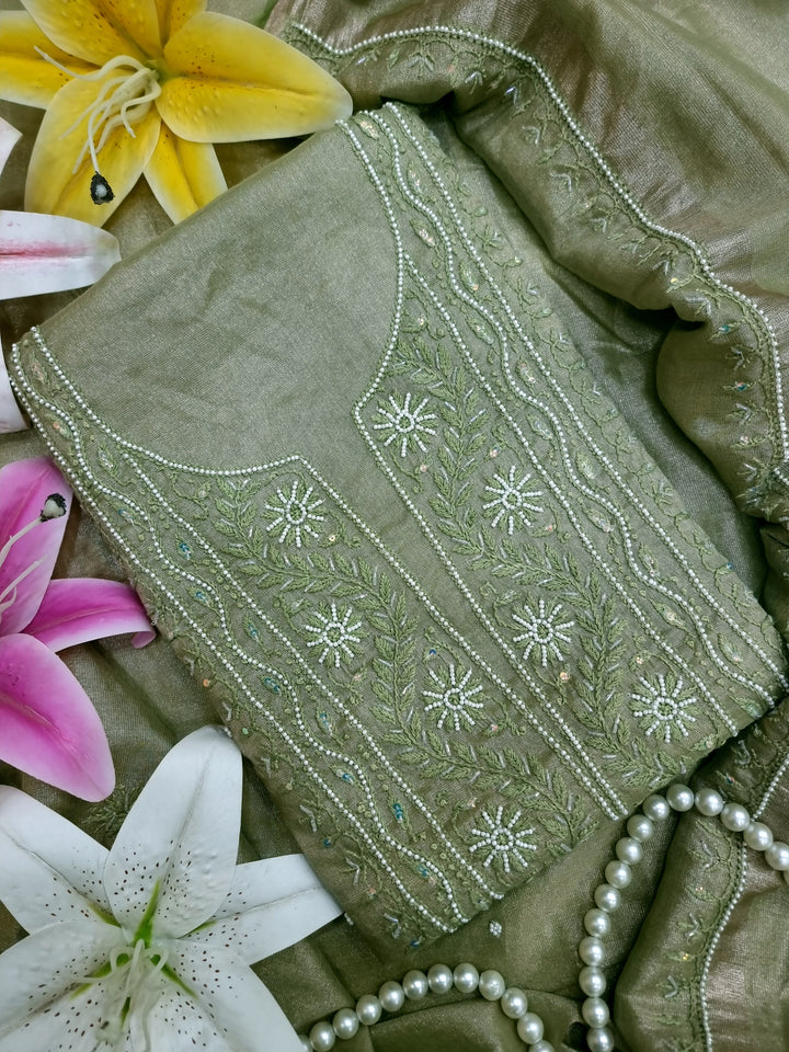 Soft Tissue Chikankari Unstitched Dress Material | 3 Taar Hand Embroidery with Pearl & Cutdana Work + Golden Border Dupatta