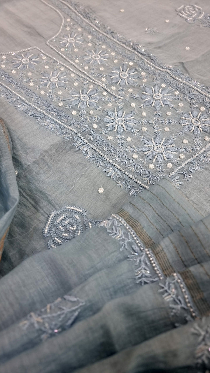 Premium Mul Chanderi Supersoft Dyeable Chikankari Dress Material | Hand Embroidered with Pearls & Cutdaana | Kurta & Dupatta Set