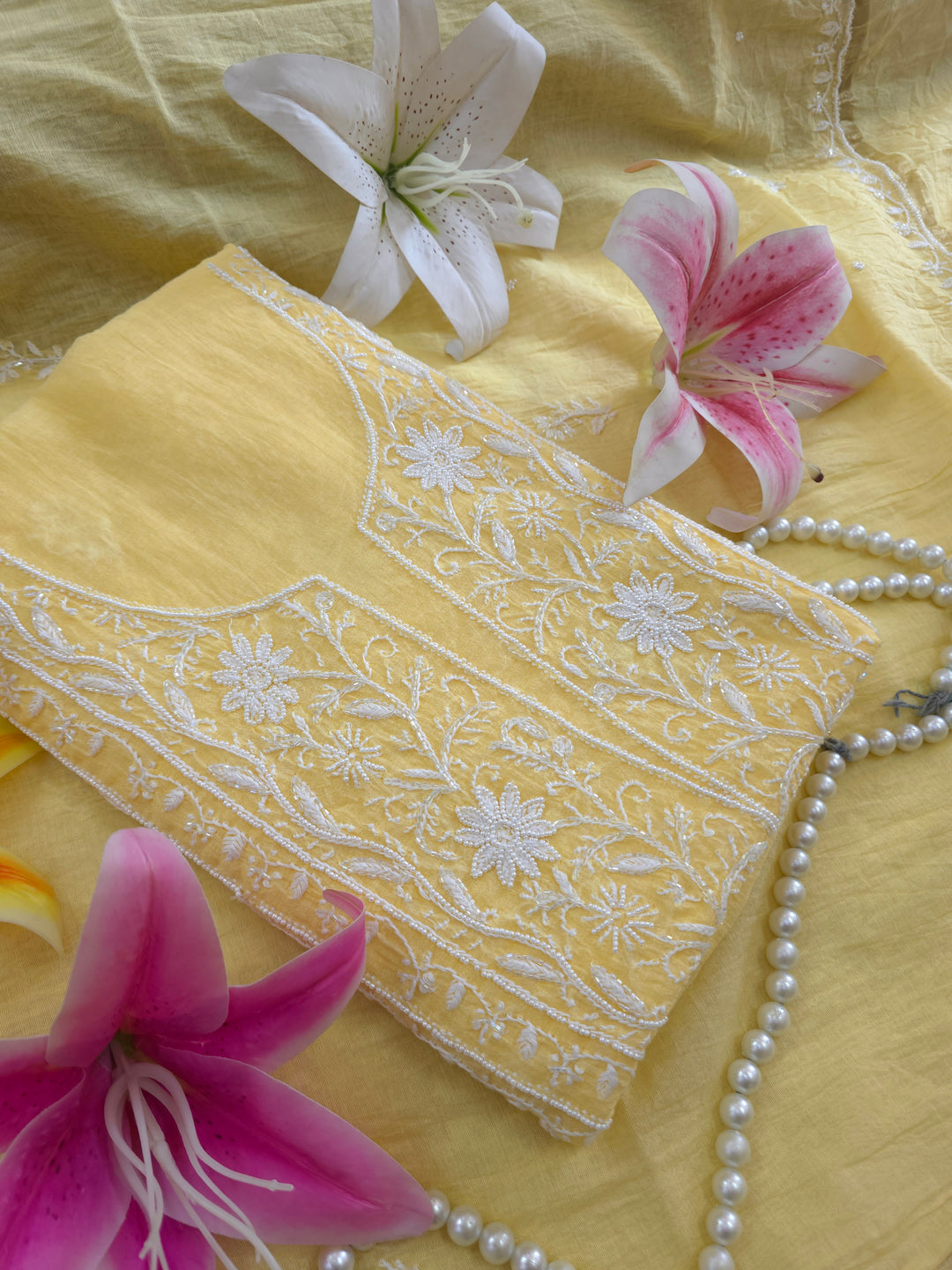 Premium Mul Chanderi Pearl, Cutdana & Kasab Hand Embroidered Unstitched Suit Set