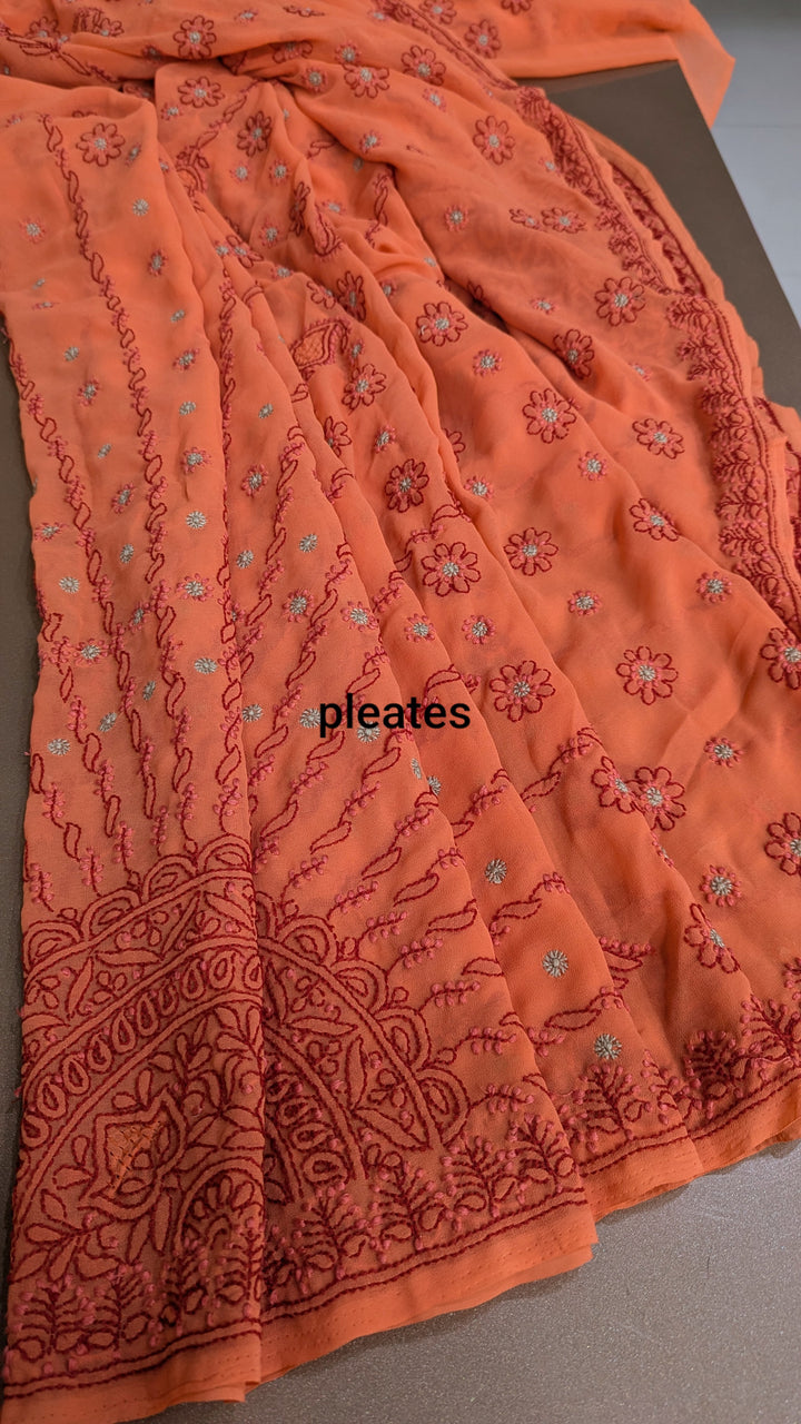 Faux Georgette Hand Chikankari Saree with Exclusive Border & designer Palla Design | Embroidered Blouse Included | Authentic Lucknow Handicraft by Paridhan Chikan