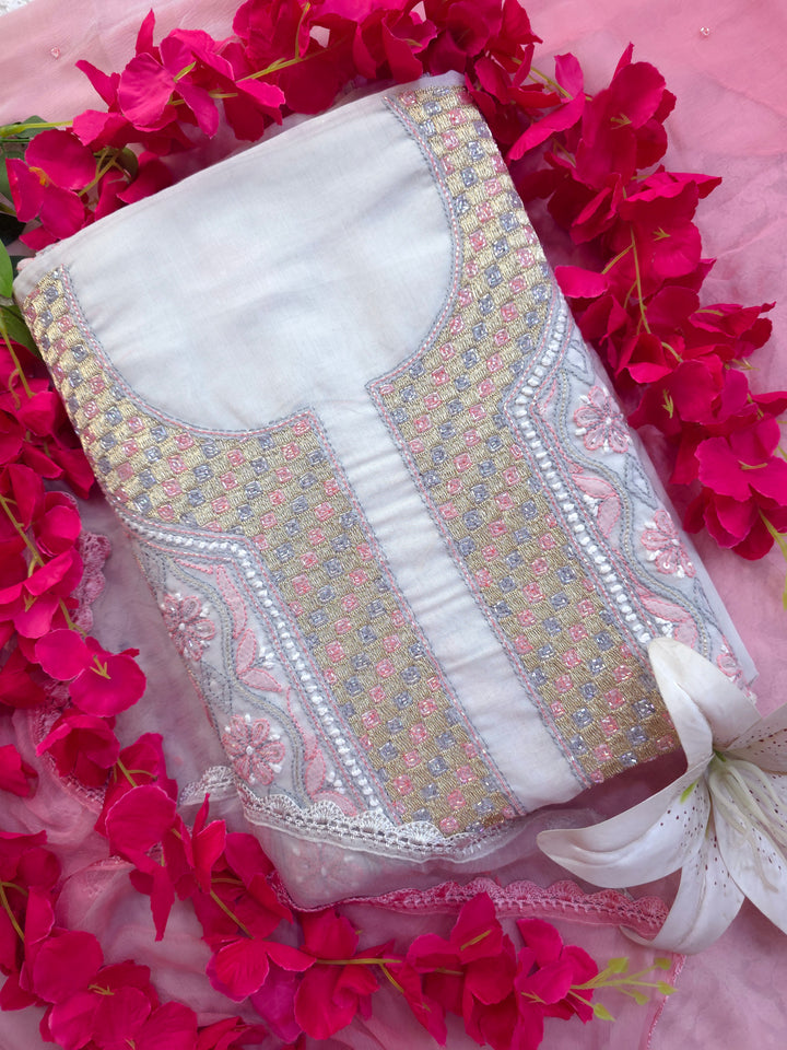 Afreen Premium Hand Embroidered Chikankari Cotton Unstitched Dress Material with Pure Chiffon Dupatta