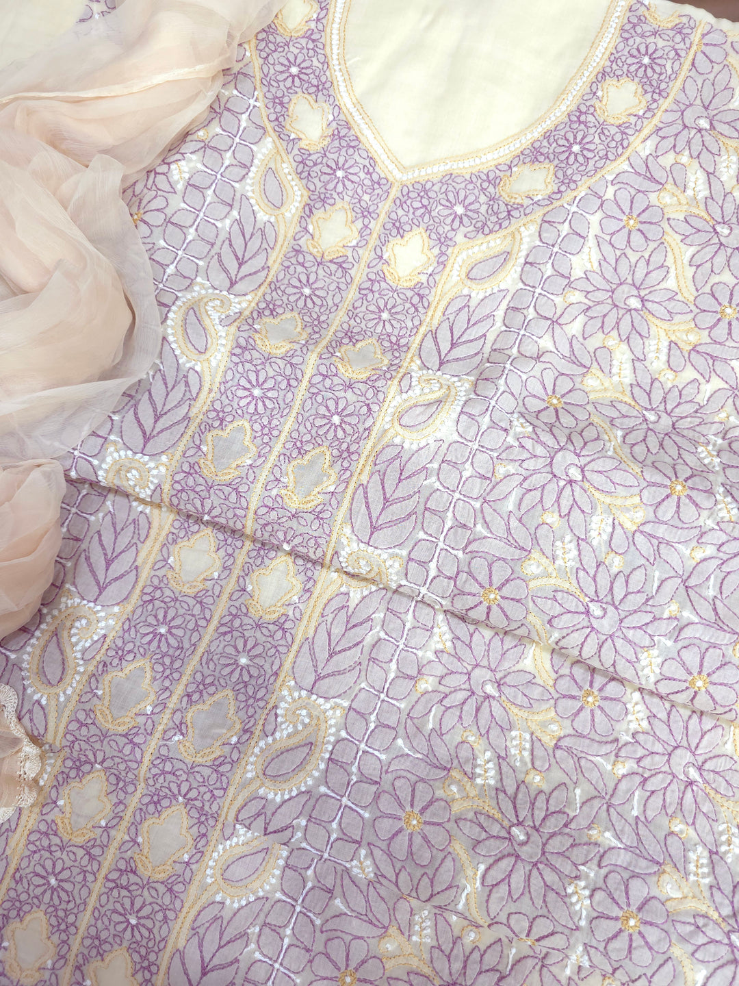 Lucknow Chikankari Hand Embroidered Cotton Dress Material with Tri-Color Motifs & Pure Chiffon Dupatta
