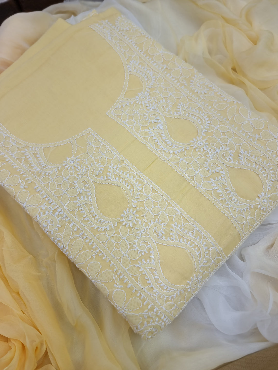 "Pastel Yellow Lucknowi Chikankari Unstitched Cotton Suit Set – Kurta, Bottom & Dupatta by Paridhan Chikan"