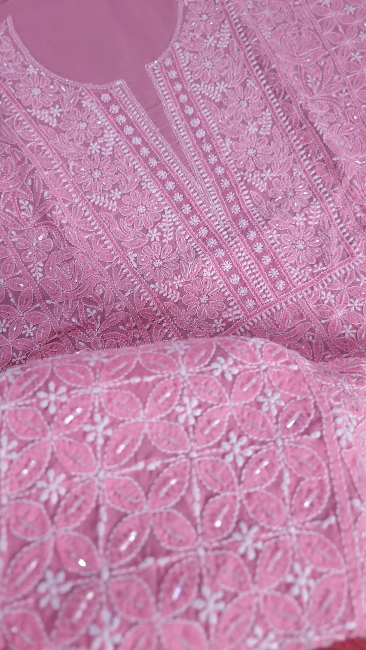Unstitched Cotton Hand Embroidered Chikankari Dress Material with Cutdana, Resham & Badla Work | Pure Chiffon Dupatta | Lucknowi Artistry